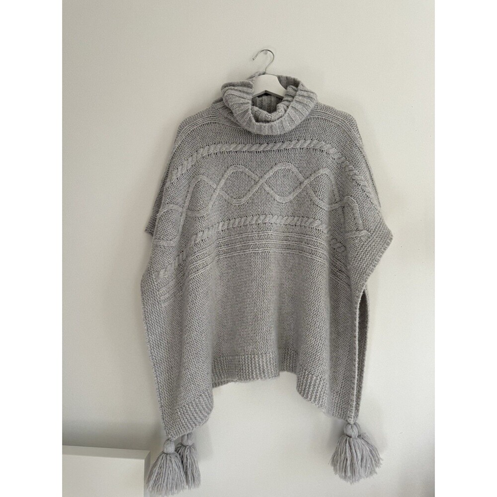 ✿ Serra Gray Knit Turtleneck Poncho Sweater Unisex One Size Tassel Cozy Boho